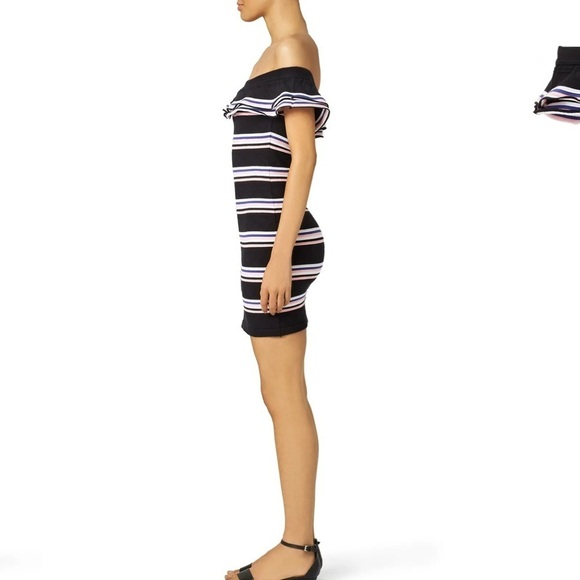 Gianni Bini Black, Blue, White, Burgundy Striped Ruffle Off the Shoulder Dress - Picture 4 of 16